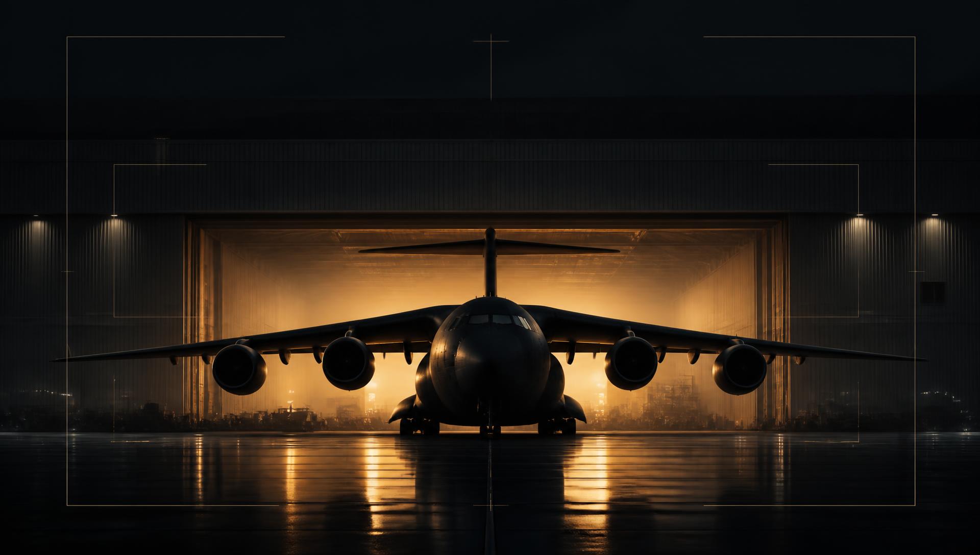 Military transport aircraft in a lit hangar at night, representing international defense supply logistics