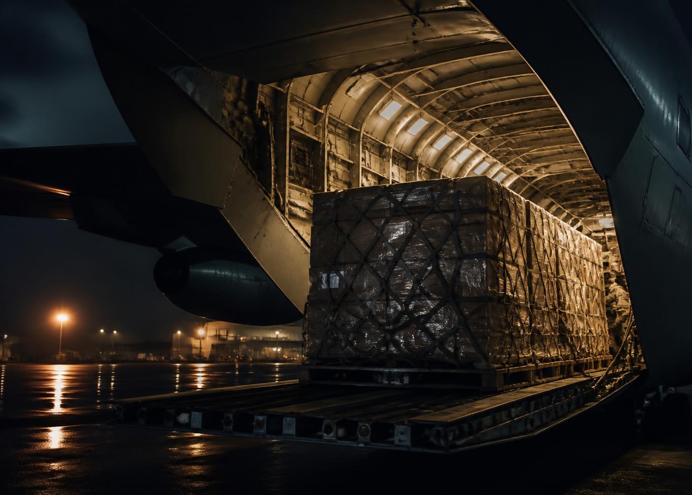 Sealed palletized cargo being loaded into a freight aircraft at night